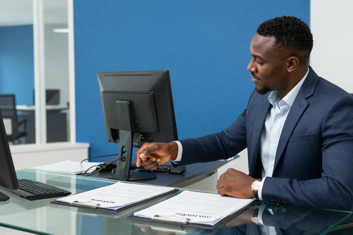 Chef d'entreprise examinant ses documents à son bureau